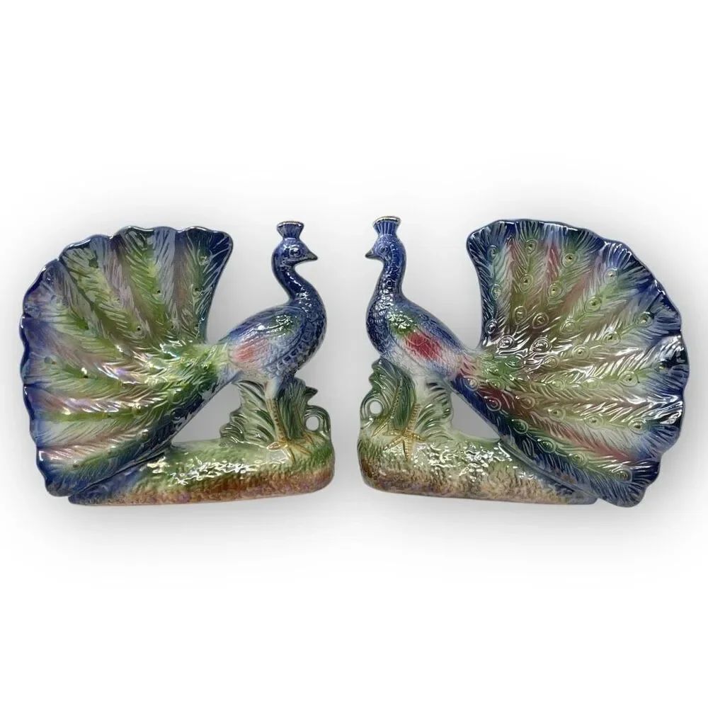 Peacock Vintage Iridescent Lusterware Ceramic Pair of 2 1960s MCM Midcentury
